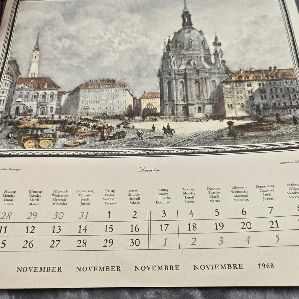Vintage 1968 A Universe Calendar German Cities Illustrations Hamburg Würzburg